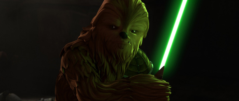 Gungi, a young Wookie Jedi with brown fur, holds his activated green lightsaber ready to fight