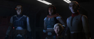 Tech, Hunter, Omega, and Echo inside their ship "The Marauder"