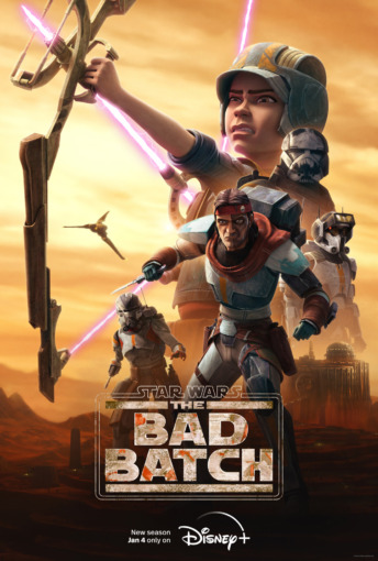 the poster for The Bad Batch season 2 featuring Omega, Wrecker, Tech, Hunter, and Echo