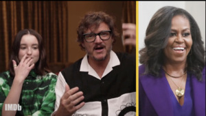 Left to right: Bella Ramsey and Pedro Pascal reacting to a question. Michelle Obama image on far right.