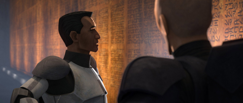 Commander Cody (his armor now painted only white and gray) and Crosshair talk in front of a wall that serves as a memorial for the Clone Wars in The Bad Batch season 2