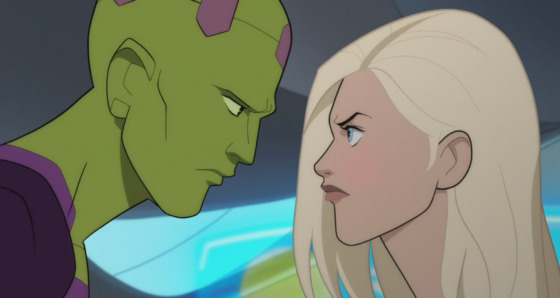 Brainiac 5 and Supergirl Stare each other down