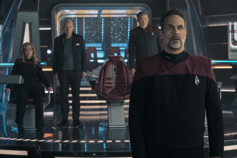 From Left to Right: Jeri Ryan as Seven of Nine, Patrick Stewart as Picard, Jonathan Frakes as Will Riker, and Todd Stashwick as Captain Liam Shaw on the bridge of the Titan in Episode 305 of Star Trek Picard