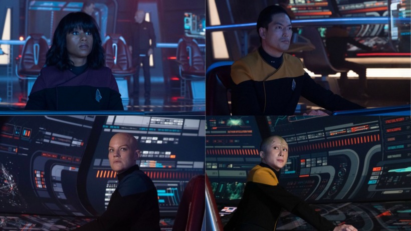 From L to R and Top to Bottom: Ashlei Sharpe Chestnut as Ensign Sydney La Forge, Joseph Lee as Lieutenant Mura, Stephanie Czajkowski as Lieutenant L'Veen, and Jin Maley as Ensign Esmar in Season 3 of Star Trek Picard