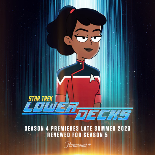 Ensign Beckett Mariner on Animated Series Star Trek Lower Decks Season 4 Premiere Announcement and Season 5 Renewal promo graphic.