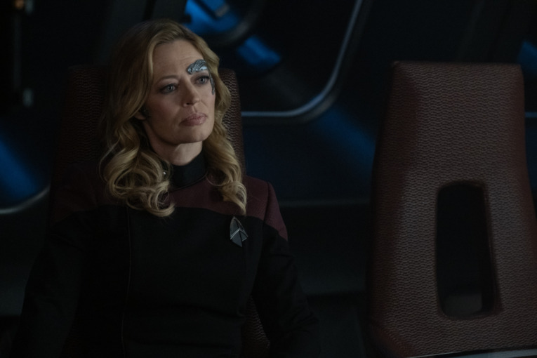 Jeri Ryan as Seven of Nine in the Conference Room board the U.S.S. Titan in "The Last Generation" Episode 310, Star Trek: Picard