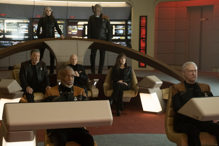 LeVar Burton as Geordi La Forge, Brent Spiner as Data, Gates McFadden as Dr. Beverly Crusher, Michael Dorn as Worf, Marina Sirtis as Deanna Troi, Jonathan Frakes as Will Riker and Patrick Stewart as Picard all aboard on The Bridge of the USS Enterprise-D in Red Alert Condition in "The Last Generation" Episode 310, Star Trek: Picard.