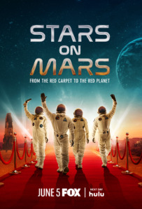 Stars on Mars Key Art Poster featuring 4 Unidentified people dress in astronaut suits walking down a red carpet with velvet room in what appears to be a simulated planet mars