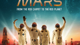 Stars on Mars Key Art Poster featuring 4 Unidentified people dress in astronaut suits walking down a red carpet with velvet room in what appears to be a simulated planet mars