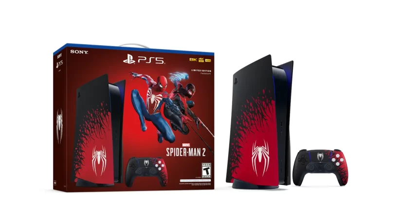 The Spider-Man 2 PS5 bundle. The black color of the Symbiote is encroaching on the red of Peter's usual Spider-Man outfit both on the console and the game controller