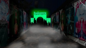 Horror movie posters line a path to a Huluween display in bright green in dripping, Halloween-style text.