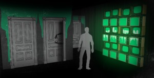 Illustration of a Huluween room, with a figure standing near two doors and a wall of screens.