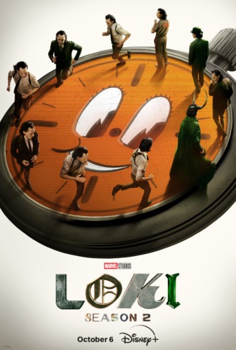 A poster for Loki season 2, featuring Lokis in various outfits from his timeline running around the face of a clock that looks like Miss Minutes