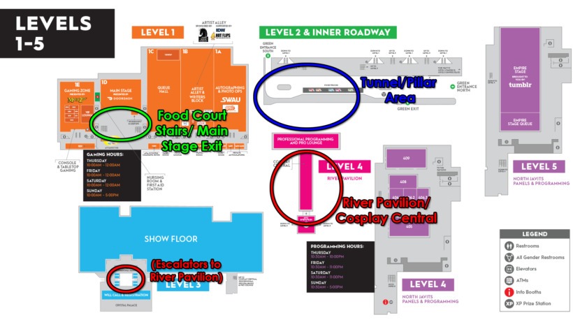 A map of the Javits center with areas where most cosplay meetups will take place circled- the River Pavilion, outside on the inner roadway, and by the stairs near the food court.