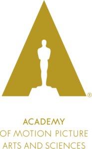 The Academy of Motion Picture Arts and Sciences Logo, a white Oscar statuette inside of a gols triangle. 