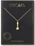 Gold-colored Oscar statuette pendant necklace on a black background