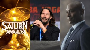 Saturn Awards Logo, picture Keanu reeves holding microphone, picture of Lance Reddick in a suit