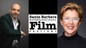 Picture of actor Paul Giamatti in a suit, the Santa Barbara film festival logo and picture of actress Anette Bening in a black turtleneck