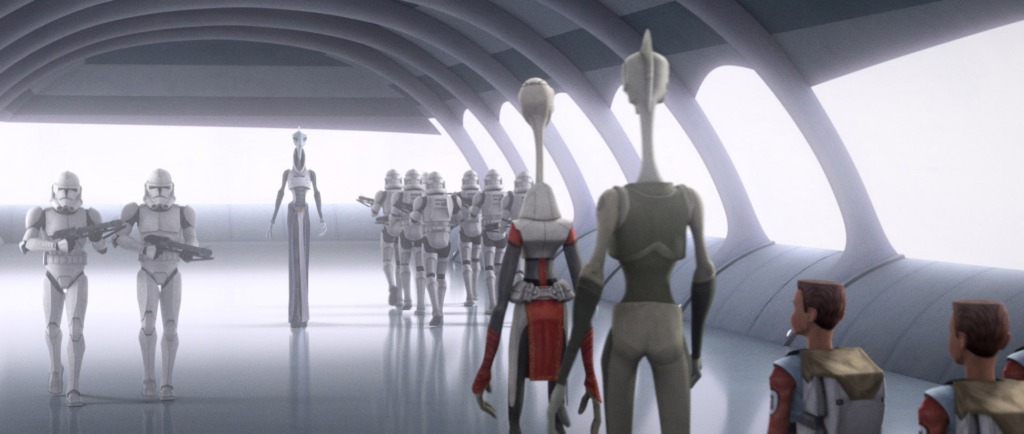 Nala Se and Lama Su walking with clone cadets down a white hall on Tipoca City.