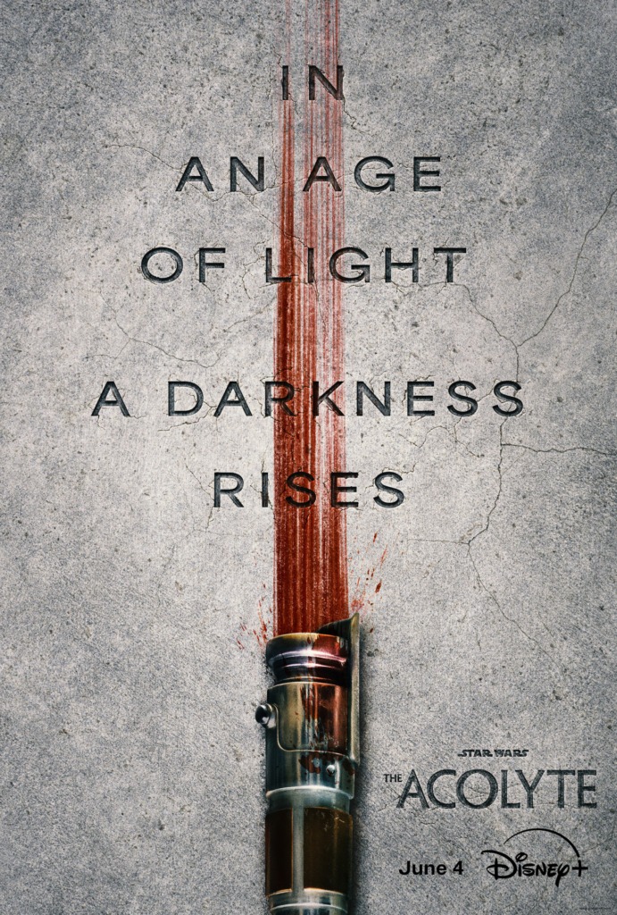 The first Acolyte poster. Text, "In an age of light a darkness rises", against a gray stone background with a streak of red blood leading to a lightsaber hilt that is also covered in blood.