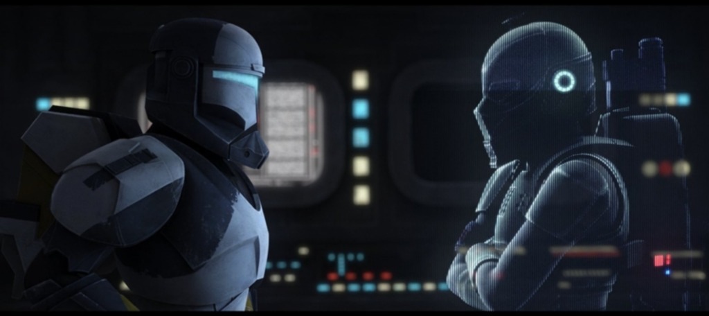 Clone Commando Scorch looks at a holo of a Clone X Trooper.