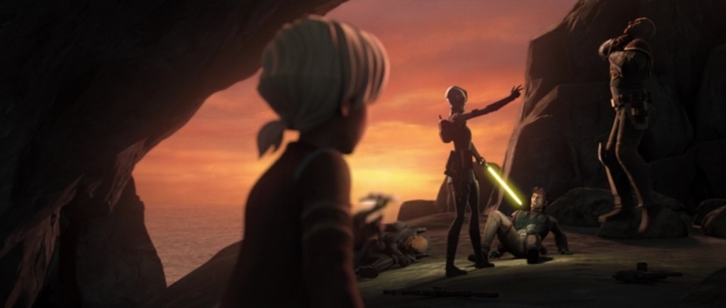 Omega watches Ventress pointing a lightsaber and at a fallen Hunter and holding Wrecker up in the air with the Force. Crosshair curls up in pain in the background.