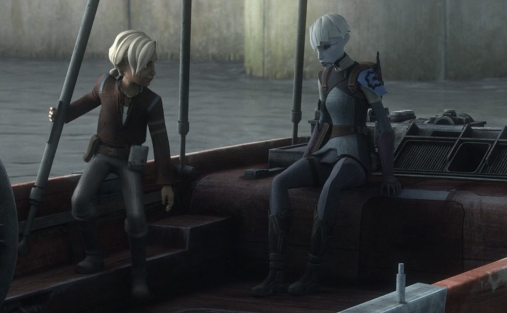 Omega and Ventress sit on a water skiff in the middle of the Pabu ocean.