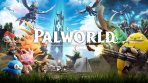 Image from Palworld with the title and creatures of the game.