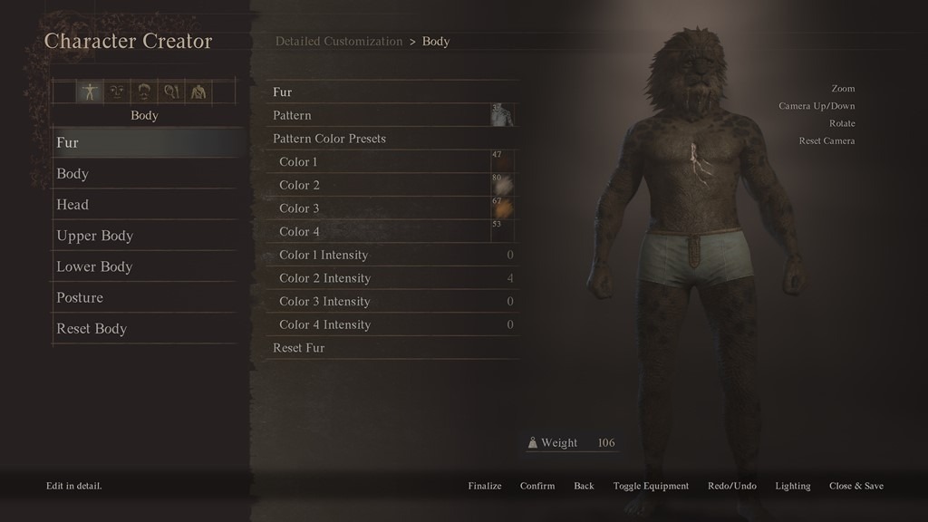 Dragon's Dogma 2 Character Creator Portal displaying a Lionlike humanoid figure with character options to change fur type.