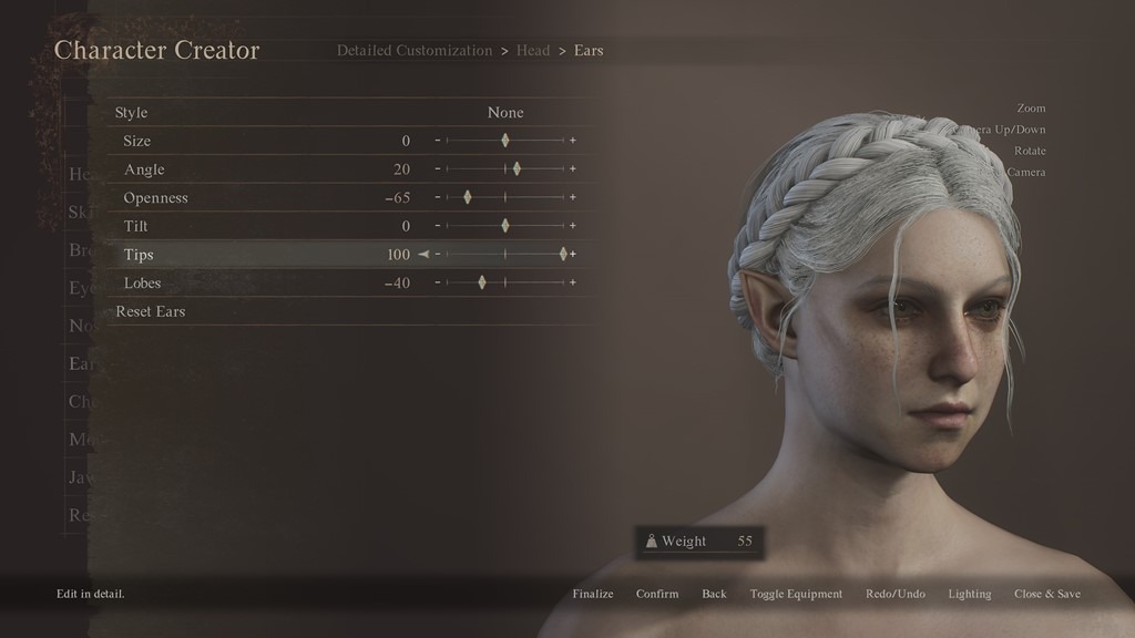 Dragon's Dogma 2 Character Creator Portal displaying an elven humanoid with pale complextion and white braided hair. Character customization slides for Ears.