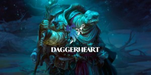 Image of turtle wizard with blue background holding a staff with the logo and words for "Daggerheart"