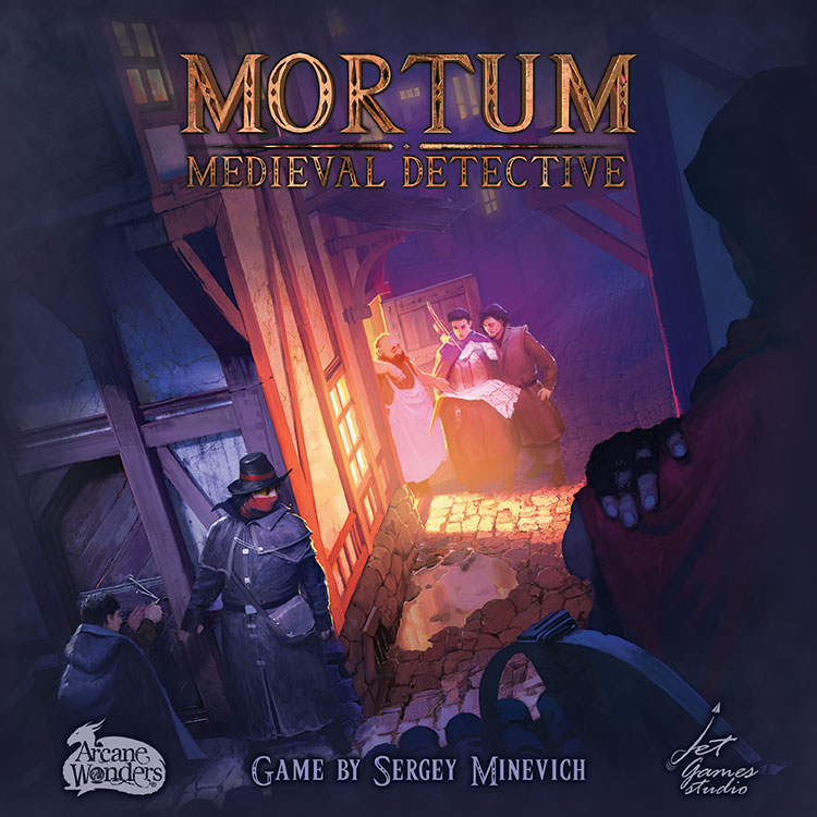 Cover Art for the "Mortum: Medieval Detective" board game displaying two individuals looking over notes while dark agents watch from the shadows.