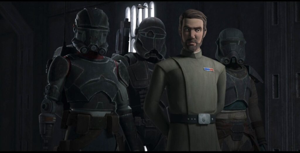 Echo, Crosshair, Hunter, and Rampart walk down an Imperial hallway. Rampart is in a captain's uniform and the boys are in stripped-black armor.