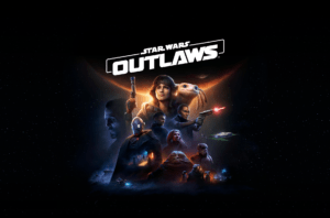 Poster for Star Wars: Outlaws. Multiple characters on a black background with an eclipse behind them.