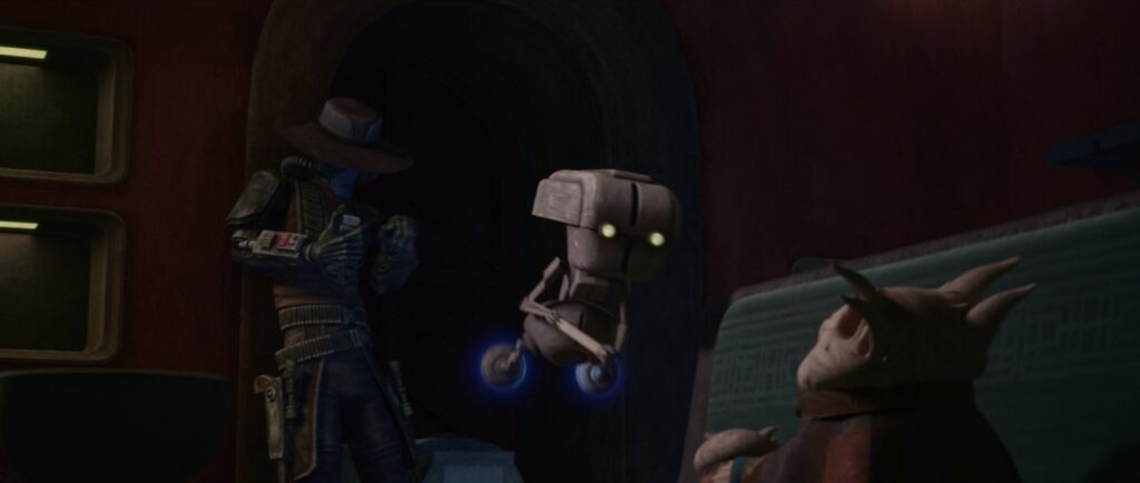 Cad Bane leans against a wall while his droid, Todo, approaches a baby Force-sensitive to take its blood.