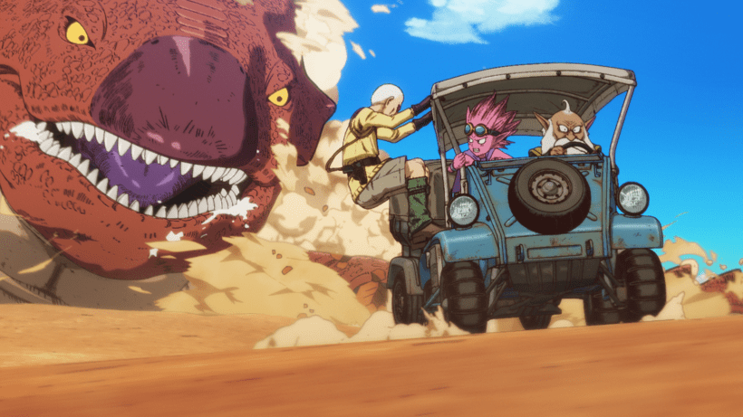 Brightly colored characters swiftly drive away from a dinosaur.