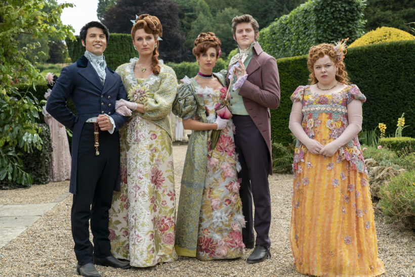 The Featherington daughters Philipa and Prudence with their spouses, as Penelope Featherinton stands alone