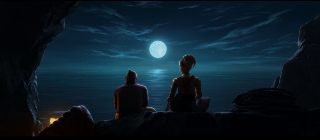 An older Hunter and Omega sit in front of the Pabu ocean in the moonlight.