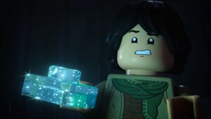 Sig Greebling holds the Cornerstone in a scene from LEGO® STAR WARS: REBUILD THE GALAXY, exclusively on Disney+.