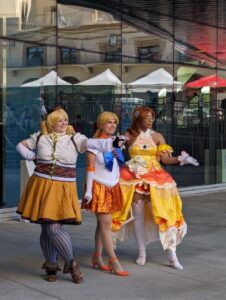 Cosplayers at the Magical Girl cosplay gathering dressed up at Fanime