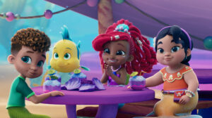 Fernie, Flounder, Ariel and Lucia at a table