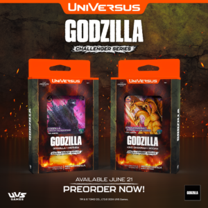 Godzilla UniVersus Banner announcing the release date of two new Challenger Series decks.