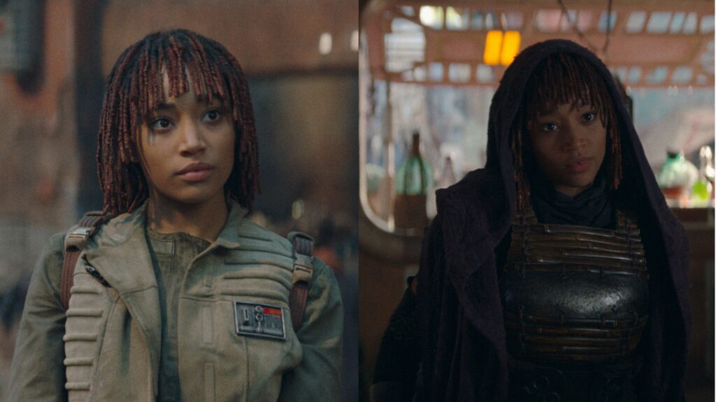 Left to right: Osha with short braided hair; Mae with the same braided hair, but shorter in the front and longer in the back.