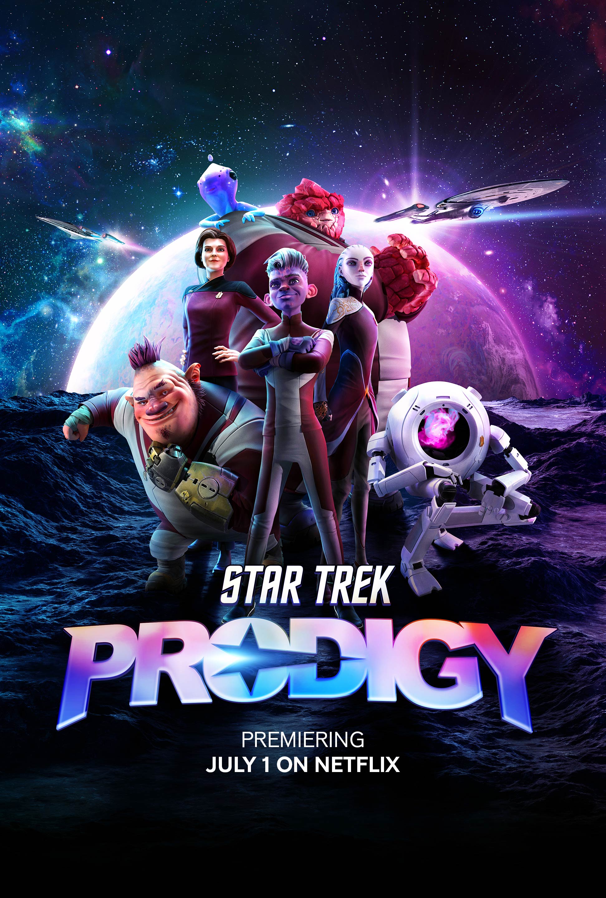 Star Trek: Prodigy Season 2 Key Art Poster in vertical format featuring from Left to Right: Jankom Pog, Admiral Janeway, Murf sitting on top of Rok Tahk's shoulder, Dal, Gwyn, and Zero in the foreground of a planet. The starships The Protostar and the USS Voyager-A can be seen flying in opposite directions in the background