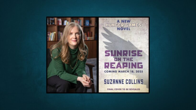 Left to Right: Author photo of Suzanne Collins, announcement cover for Sunrise on the Reaping.