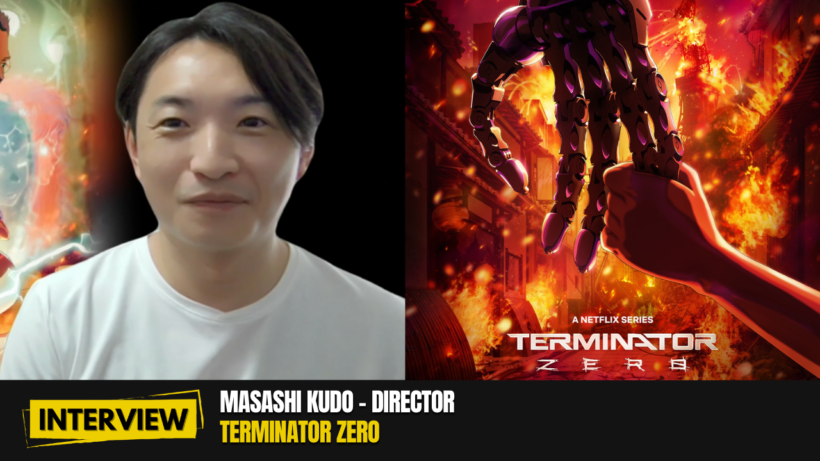 A photo of Masashi Kudo with a poster of Terminator Zero