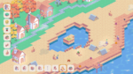 Gourdlets, a cozy sim-building game. screenshot from outside, showing a beach with buttons and UI