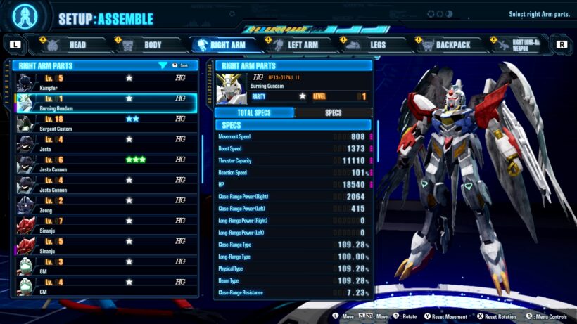 Gundam Breaker 4 Assembly Menu