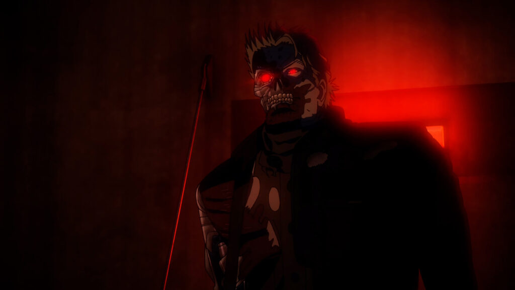 A dark scene showing a Terminator machine with red glowing eyes, backlight by red light