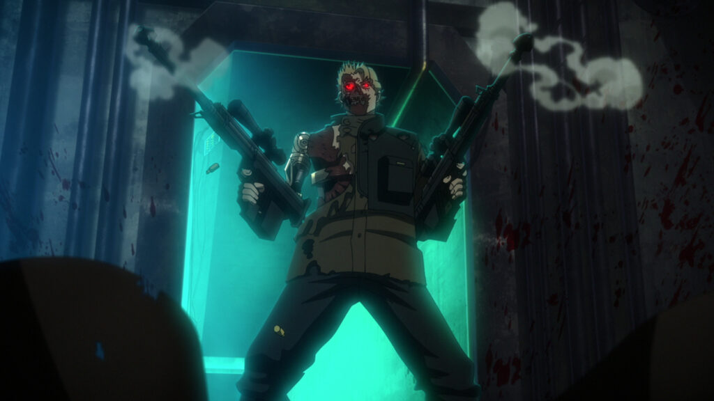 A full body shot of a Terminator machine, partially damages and exposed on the left side, red eyes glowing, holding two huge weapons.